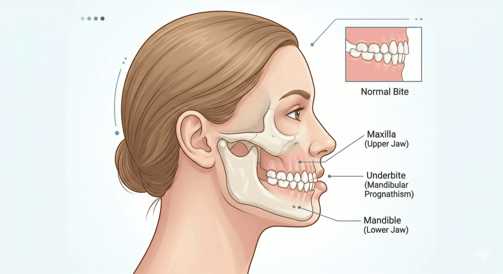 Illustration comparing a normal bite with an underbite caused by jaw position