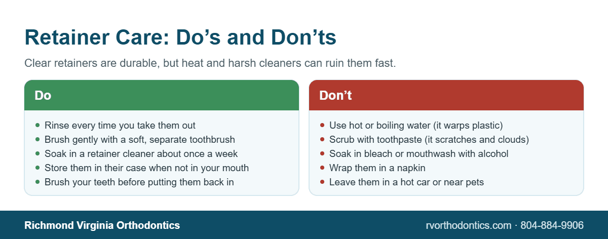 How to Clean Invisalign Retainers: Keep Them Clear and Odor-Free 3 Infographic of retainer cleaning do’s and don’ts for Invisalign and Vivera retainers